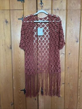 Rebellion Again Crochet Fringe Kimono - Terracotta